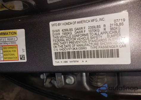 2019 Honda Accord Lx из США, поврежденный, VIN 1HGCV1F13KA135993